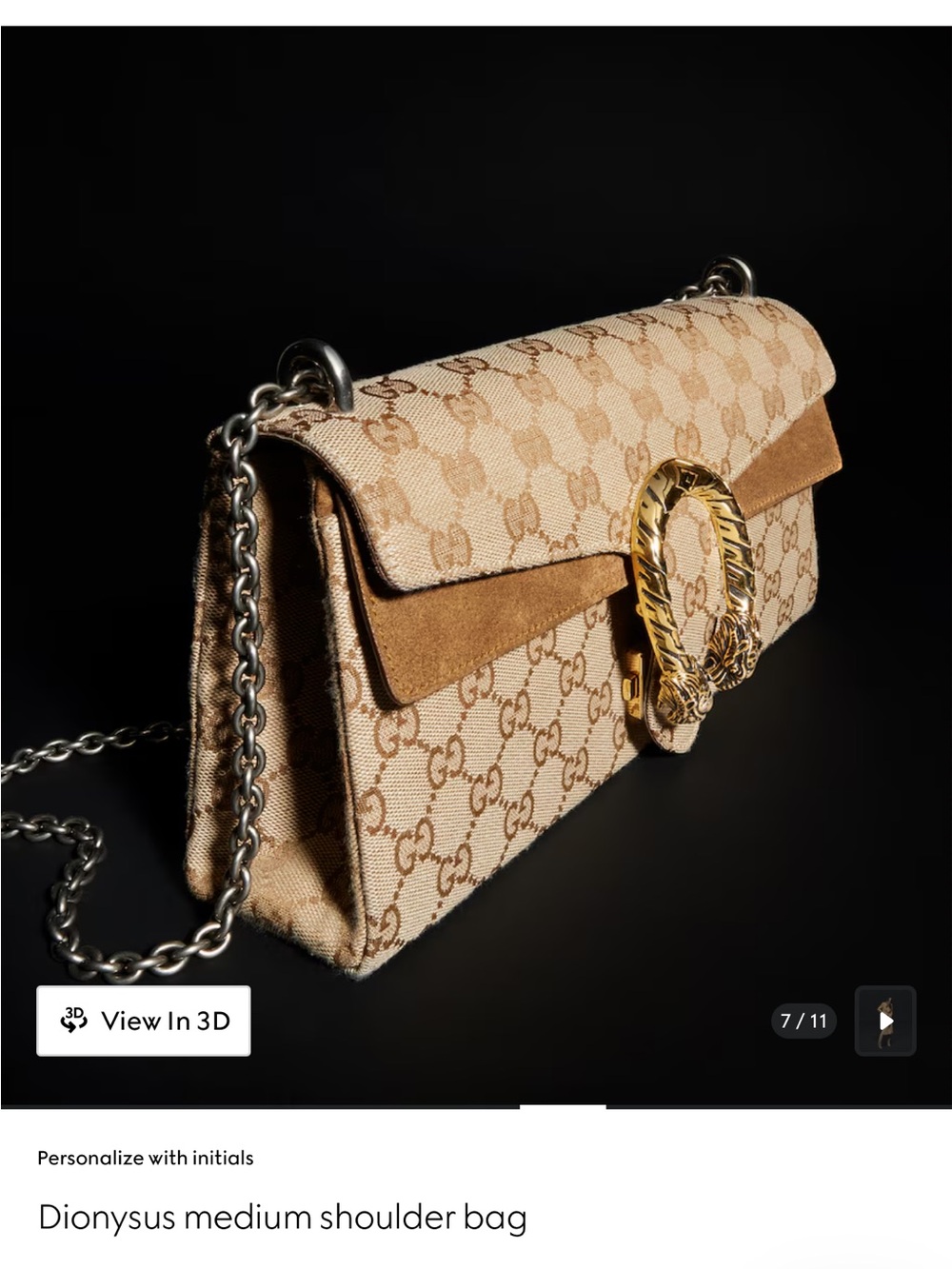Gucci Beige Brown GG Supreme Dionysus Shoulder Bag with Gold Hardware